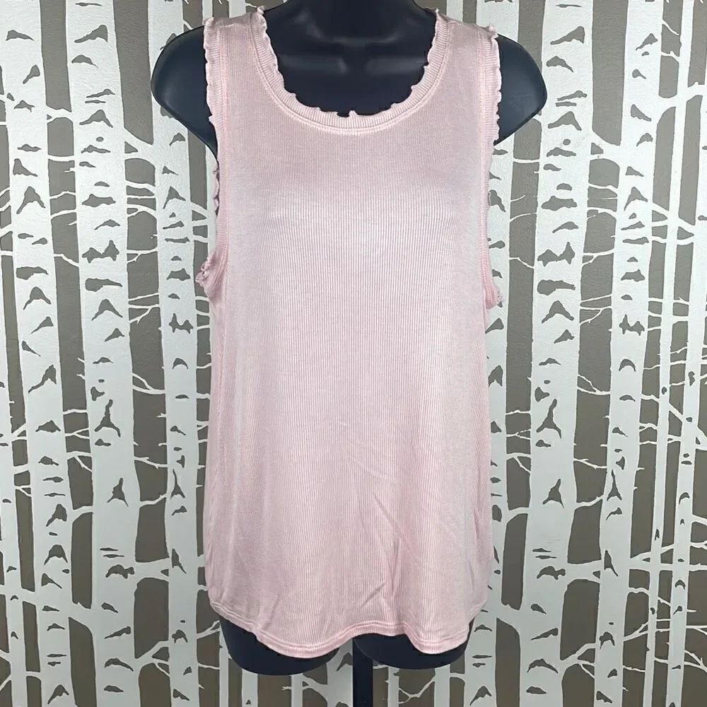 Ribbed Knit Lettuce Edge Ruffle Trim Tank Top XL Pink